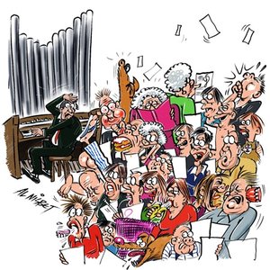 Cartoon of organist and choir